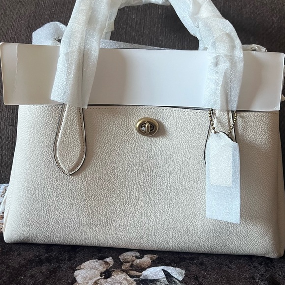 COACH Pebble Leather Gold-Tone Hardware White Lora Carryall Shoulder Bag NWT - Picture 4 of 16